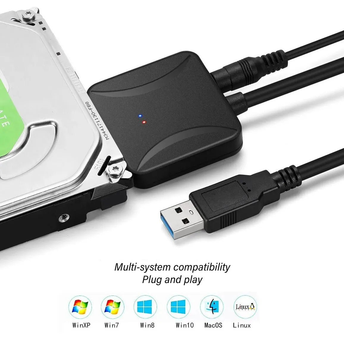 USB 3.0 to SATA III Hard Drive Adapter Converter for 3.5'' and 2.5'' External HDD SSD with 12V/2A Power Adapter