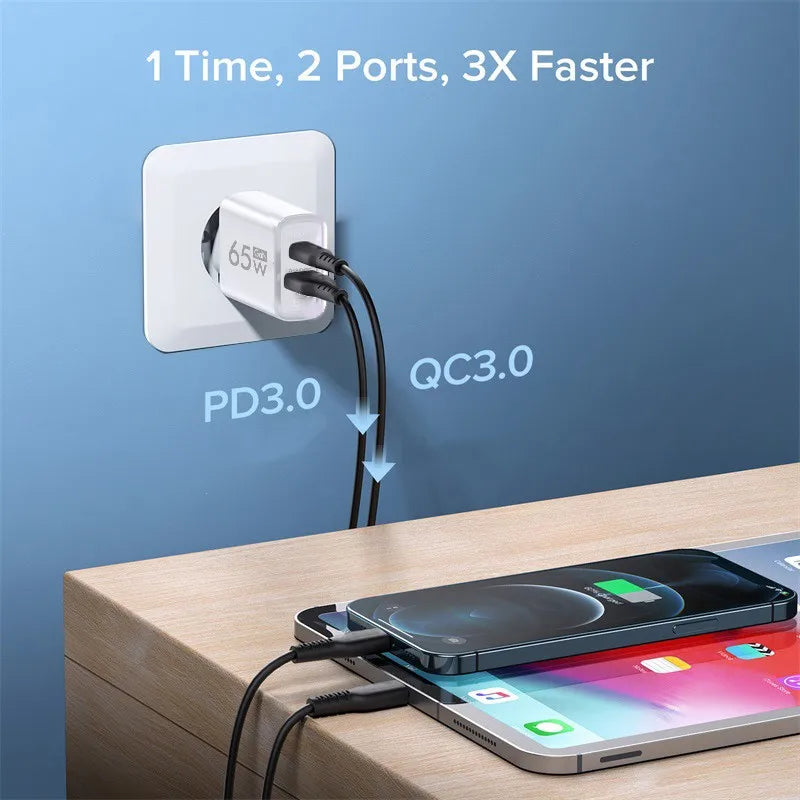 65W GAN USB Type C Wall Charger with QC 3.0 Fast Charging for iPhone, Xiaomi, Huawei, Samsung