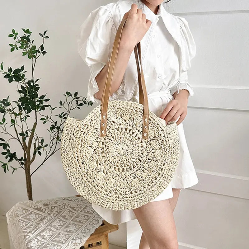 Women's Summer Straw Beach Shoulder Bag with Large Capacity and Hollow Out Design