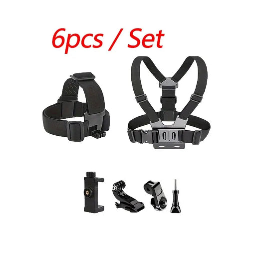 6-Piece Action Camera Kit with Head Strap, Chest Strap, and Mount for GoPro, Phone, Osmo - Enhanced Stability and Versatility