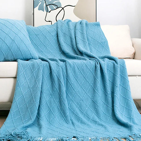 Nordic Knitted Throw Blanket with Tassels - Sofa Emulation Fleece Blanket