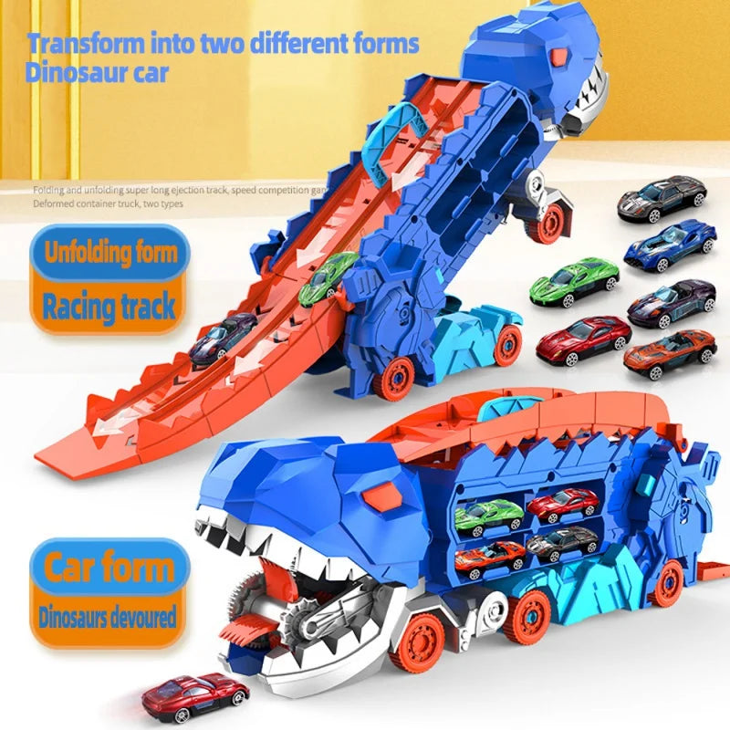 Folding Dinosaur Transporter Car Toy Set with Die-Cast Cars for Competitive Gaming