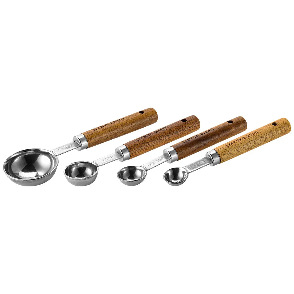 Stainless Steel Measuring Cups and Spoons Set with Wooden Handles - 4 Pieces