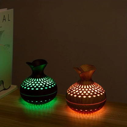 Wooden Vase Colorful Light Cool Mist Air Humidifier with Aromatherapy Essential Oil Diffuser - 300mL, USB Mini Humidificador