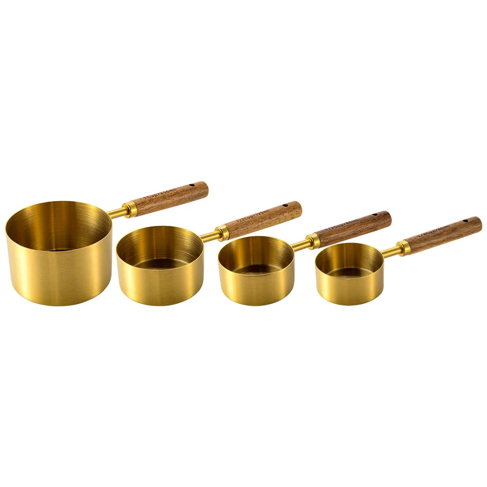 Stainless Steel Measuring Cups and Spoons Set with Wooden Handles - 4 Pieces