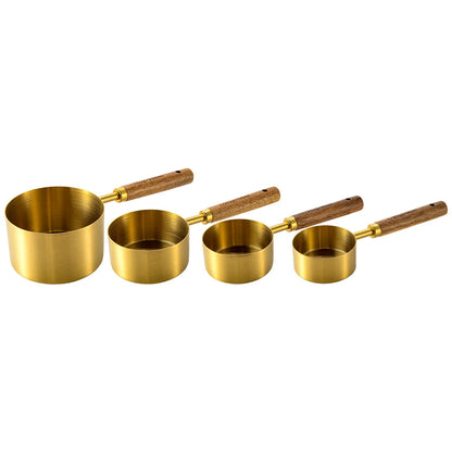 Stainless Steel Measuring Cups and Spoons Set with Wooden Handles - 4 Pieces