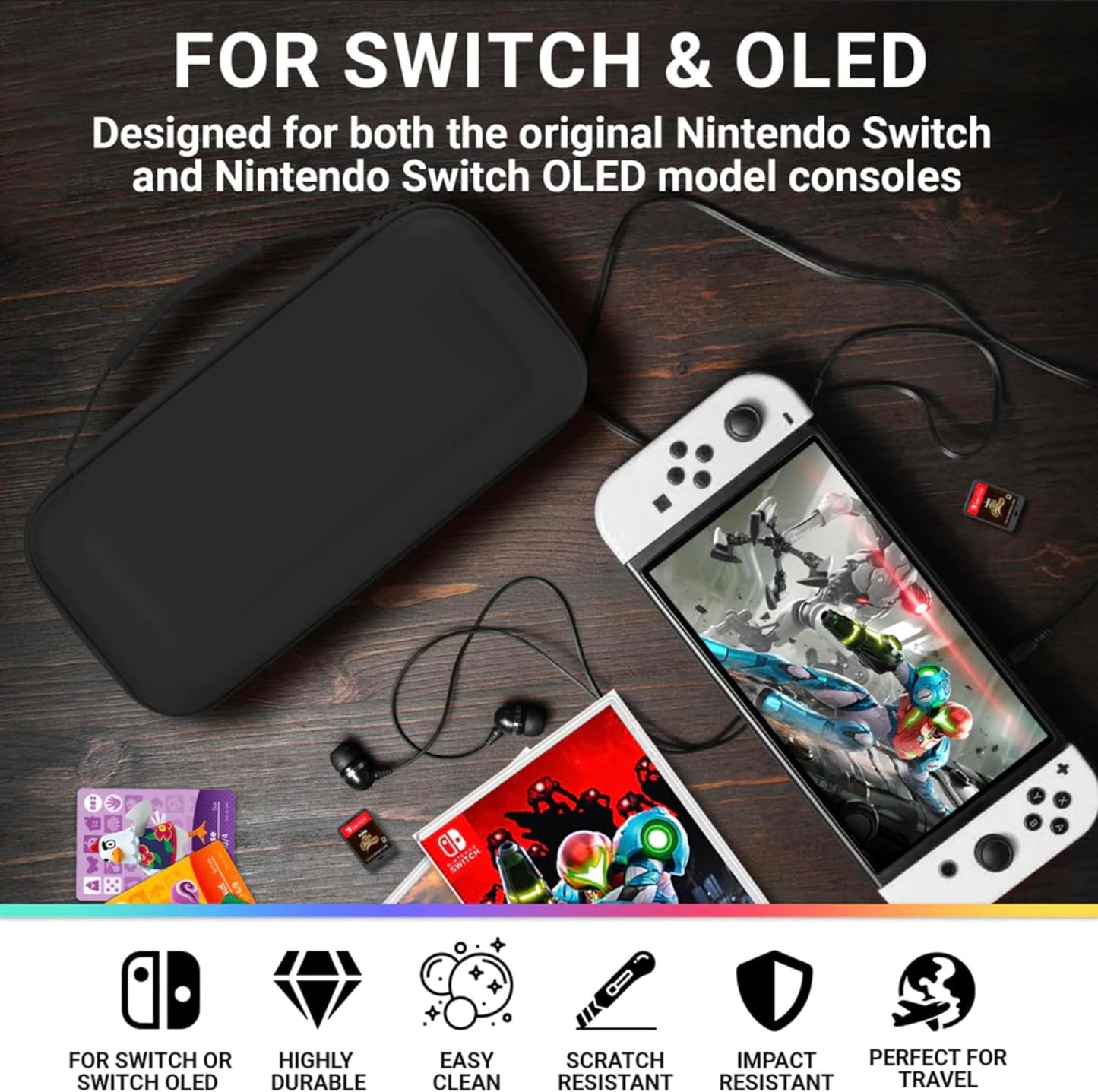 Carry Case for Nintendo Switch and Switch OLED Console - Durable Portable Travel Shell with Accessory and Game Storage Pockets