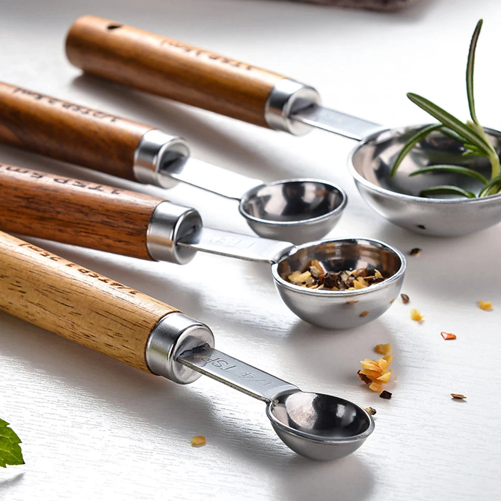 Stainless Steel Measuring Cups and Spoons Set with Wooden Handles - 4 Pieces