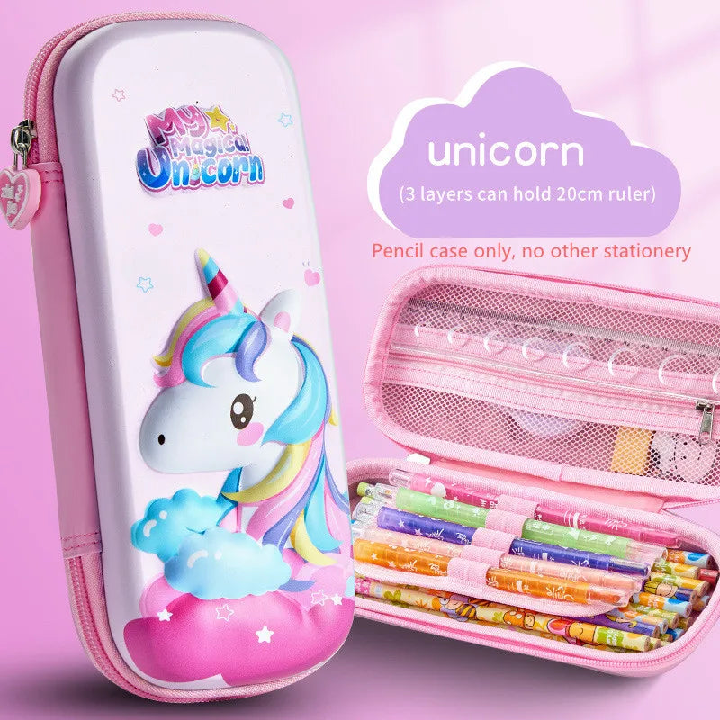 Large Capacity 3D Unicorn Pencil Case for Students - Three Layer School Stationery Box