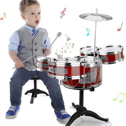 Children's Jazz Drum Set with Stool, Drum Sticks, Cymbal, and 5 Drums - Musical Instrument Toy Kit for Toddlers