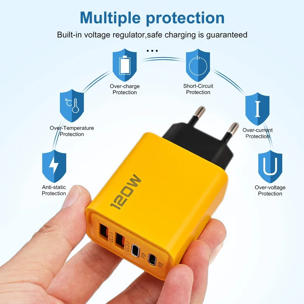 120W Fast Charging 4-Port Mobile Phone Charger with QC USB Type C and Dual PD 3.0 Wall Adapter 