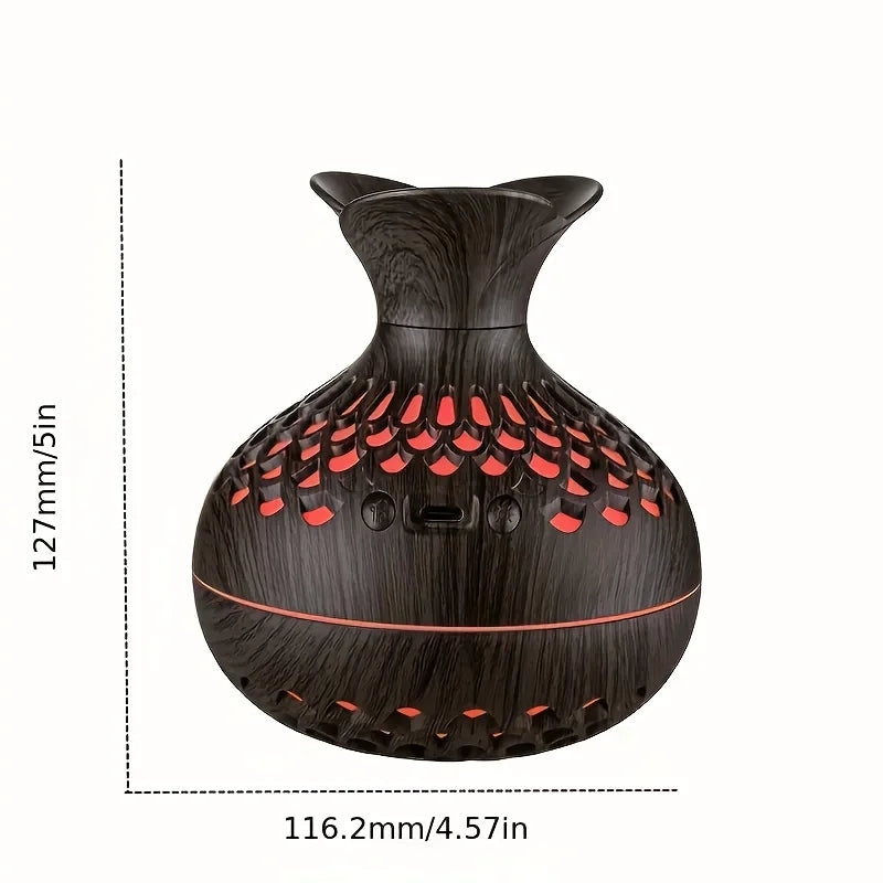 Wooden Vase Colorful Light Cool Mist Air Humidifier with Aromatherapy Essential Oil Diffuser - 300mL, USB Mini Humidificador