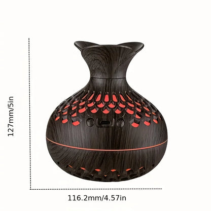 Wooden Vase Colorful Light Cool Mist Air Humidifier with Aromatherapy Essential Oil Diffuser - 300mL, USB Mini Humidificador