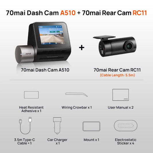 2024 A510 Dash Cam with 1944P HDR, GPS, ADAS, and 4G Connectivity - Front and Rear Cam with 24H Parking Support