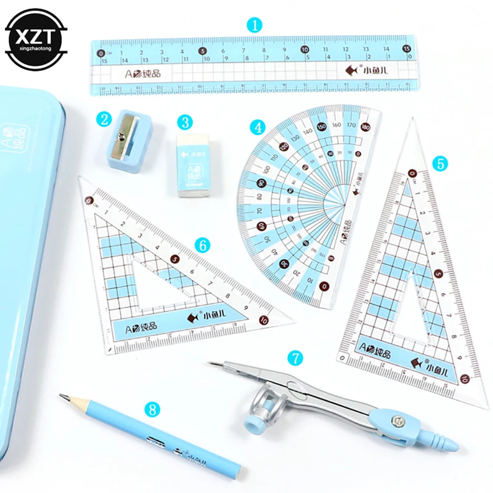 8-Piece Geometry Math Drawing Stationery Set with Ruler, Compass, and Pencil 