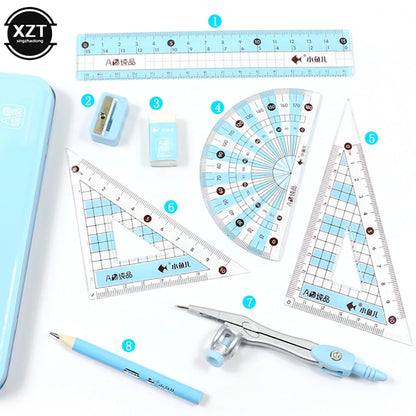 8-Piece Geometry Math Drawing Stationery Set with Ruler, Compass, and Pencil 