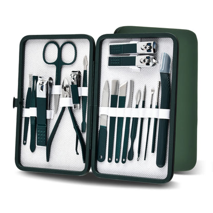 Stainless Steel Nail Clippers Set with Portable Case - 10/18 Pieces Spring Green Manicure Grooming Tool Set