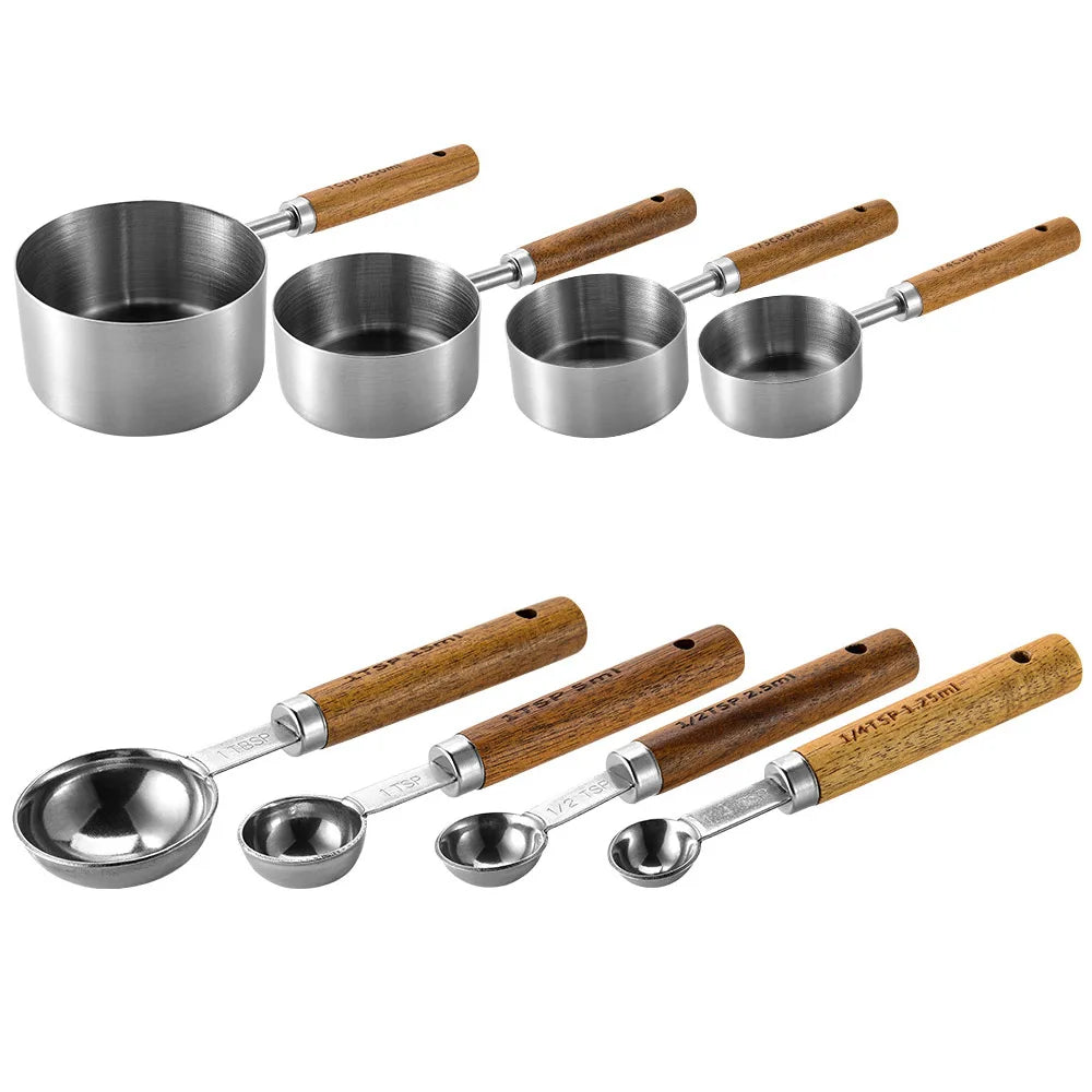 Stainless Steel Measuring Cups and Spoons Set with Wooden Handles - 4 Pieces