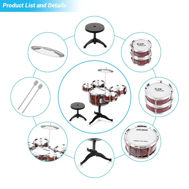 Children's Jazz Drum Set with Stool, Drum Sticks, Cymbal, and 5 Drums - Musical Instrument Toy Kit for Toddlers