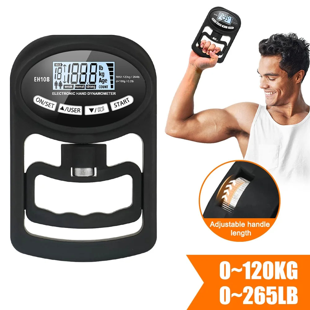 Digital Hand Dynamometer Grip Strength Tester - 265 lbs (120 kg) Capacity with USB and LCD Screen