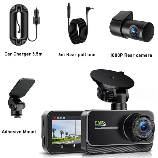 4K WIFI Dash Camera for Vehicles with Front and Rear Recording, Black Box, and 24H Parking Mode