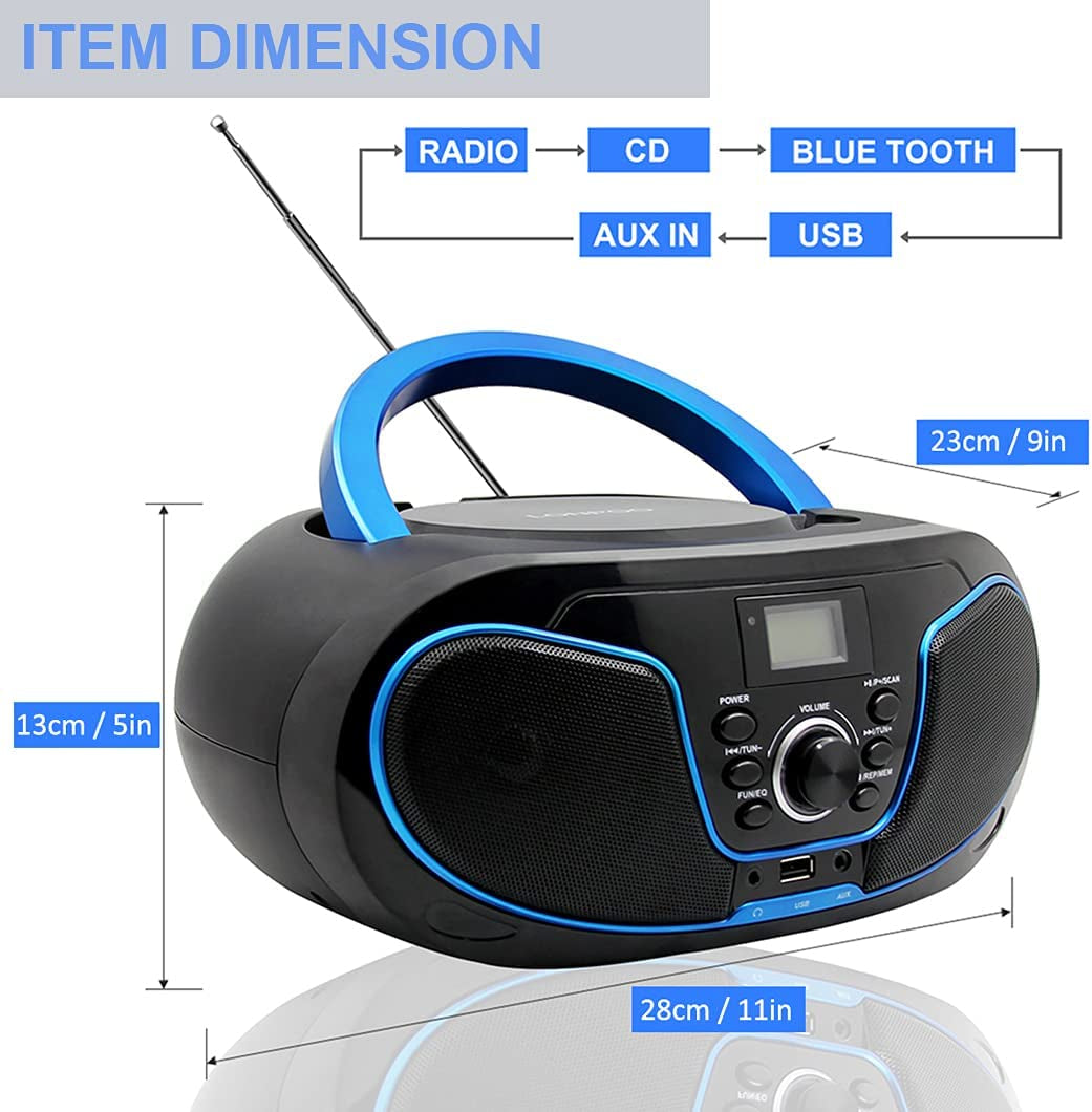 Portable CD Player Boombox, Bluetooth FM Radio Stereo Sound System, Crystal-Clear Sound, MP3 Playback, USB/AUX Input, Headphone Jack, LCD Display