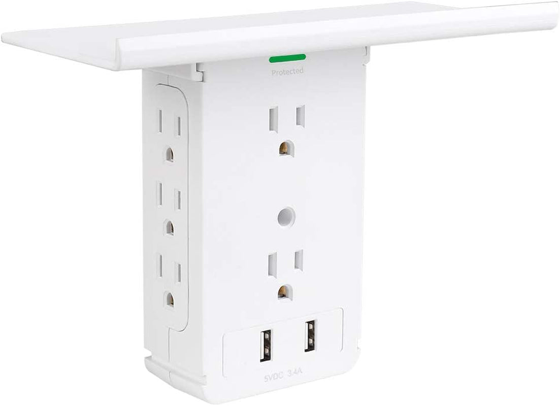 10 Port Surge Protector Wall Outlet with Shelf - 8 Electrical Outlet Extenders, 2 USB Ports 2.4A, FCC Listed (1, White)"