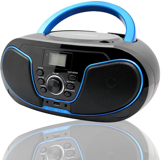  Portable Bluetooth CD Boombox with FM Radio, USB Playback, Aux Input, Earphone Output, and Digital Tuner