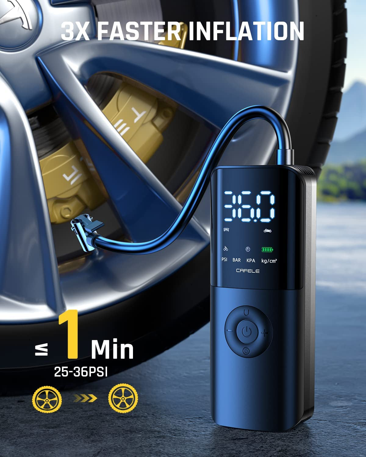 Efficient and Easy-to-Use Portable Tire Inflator for Cars and Motorcycles with Auto Stop Function, Cordless Electric Bike Air Pump, Rechargeable Battery, Large LCD Display and Lightweight Design