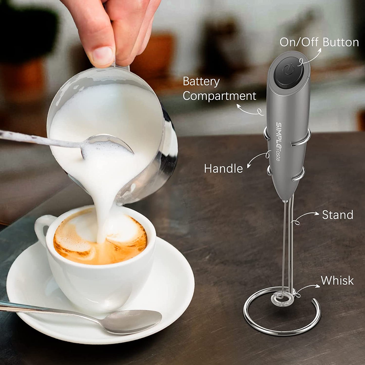 Handheld Battery Operated Electric Milk Frother with Stainless Steel Whisk and Stand - Ideal for Cappuccino, Bulletproof Coffee, and Latte