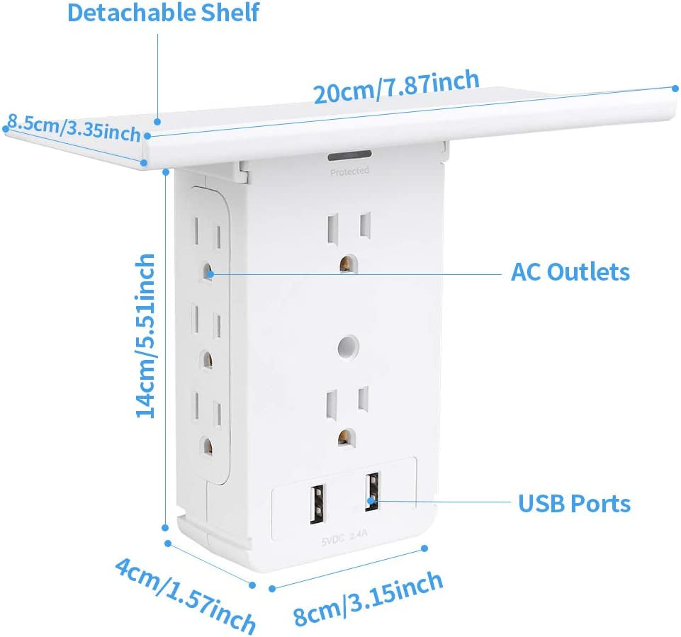 10 Port Surge Protector Wall Outlet with Shelf - 8 Electrical Outlet Extenders, 2 USB Ports 2.4A, FCC Listed (1, White)"