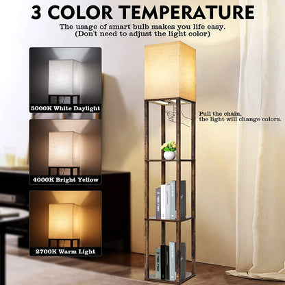 Contemporary Floor Lamp with Integrated Shelves, Multifunctional Display Storage, 3 Adjustable Color Temperatures, Slim Wooden Standing Corner Lamp including 8W Bulb for Living Room, Bedroom, Office (Brown)