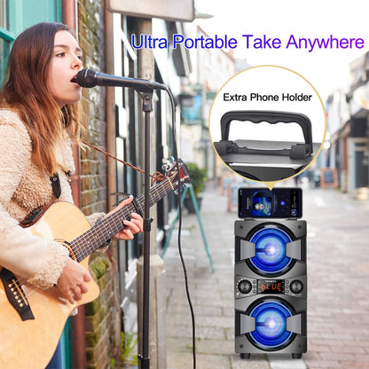 High-Quality 60W Portable Bluetooth Speaker with Dual Subwoofer for Enhanced Bass, FM Radio, Built-in Microphone, LED Lights, Remote Control, EQ, and Immersive Stereo Sound System - Perfect for Home, Outdoor Parties, and Camping (Includes 1 Microphone)