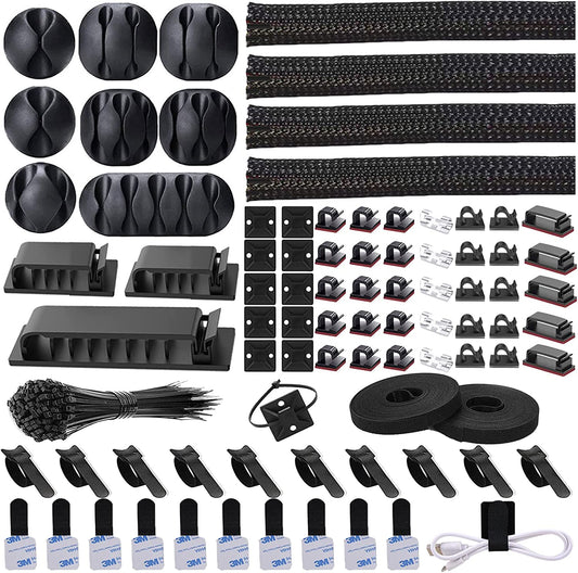 Comprehensive Cable Management Kit with 192 Pieces - Including 4 Wire Organizer Sleeves, 11 Cable Holders, 35 Cord Clips, 10+2 Roll Cable Organizer Straps, and 100 Fastening Cable Ties - 