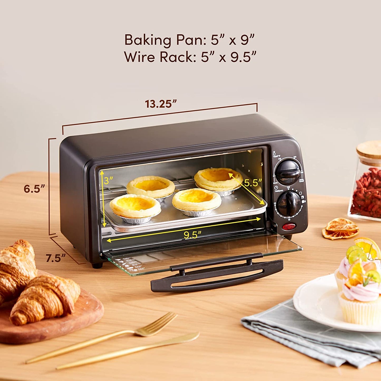 2-Slice Countertop Toaster Oven with 15-Minute Timer, Including Pan, Wire Rack, and Multi-Functionality (Bake, Broil, Toast) - Black