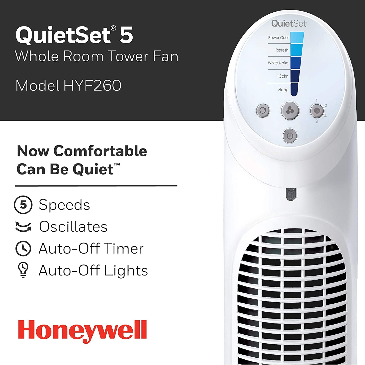 Honeywell HYF260 Quiet Set Whole Room Tower Fan, White