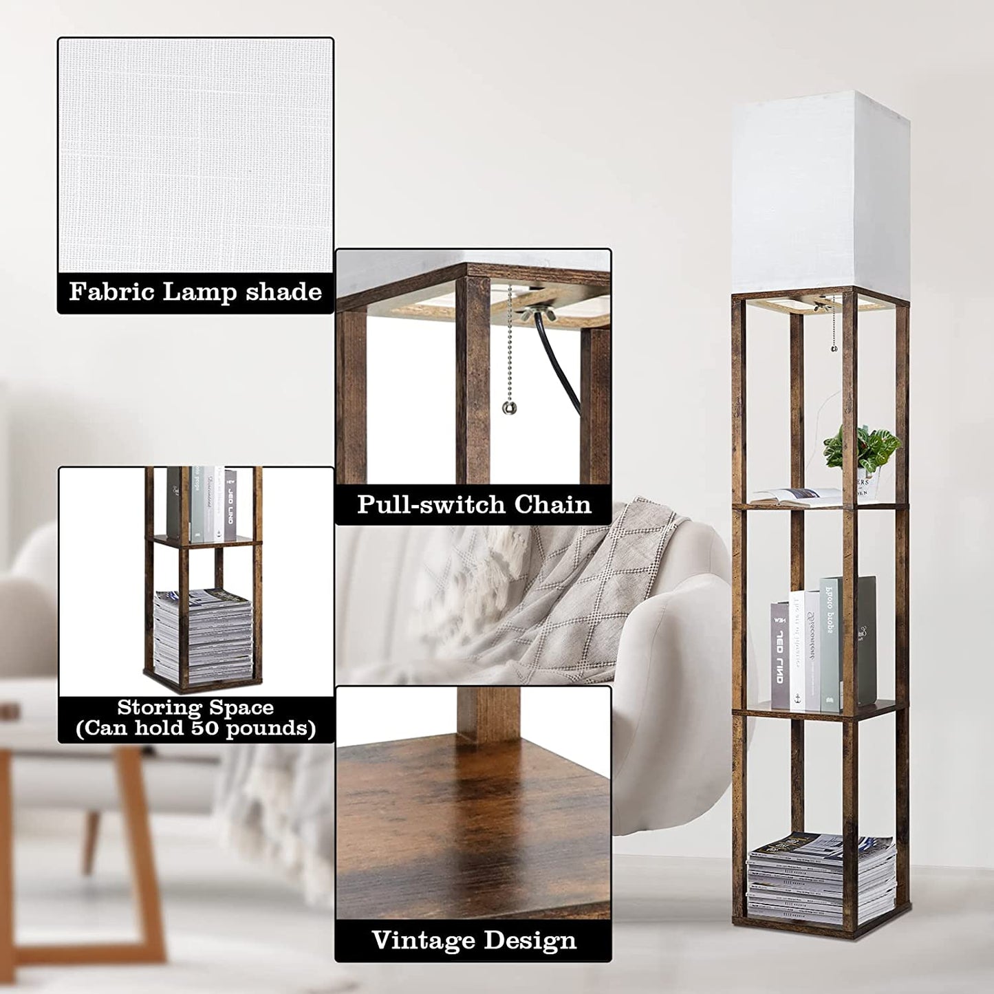 Contemporary Floor Lamp with Integrated Shelves, Multifunctional Display Storage, 3 Adjustable Color Temperatures, Slim Wooden Standing Corner Lamp including 8W Bulb for Living Room, Bedroom, Office (Brown)