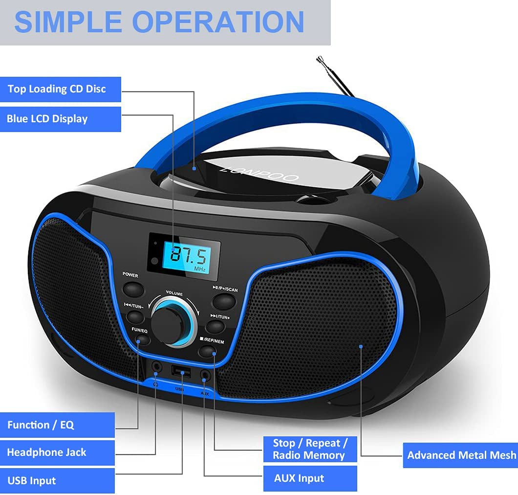 Portable CD Player Boombox, Bluetooth FM Radio Stereo Sound System, Crystal-Clear Sound, MP3 Playback, USB/AUX Input, Headphone Jack, LCD Display