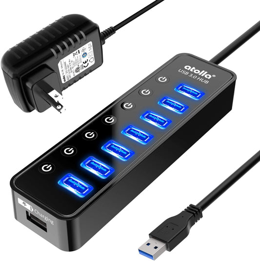 7-Port Powered USB Hub 3.0 with Smart Charging Port, Individual Switches, and 5V/4A Power Adapter - USB Data Hub Extension for Macbook, Mac Pro/Mini, and More