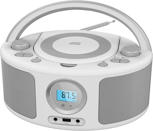 Portable CD Player Boombox with Bluetooth, FM Radio, USB Input, 3.5mm AUX Headphone Jack, CD-R/CD-RW/MP3/WMA Playback, AC/Battery Powered