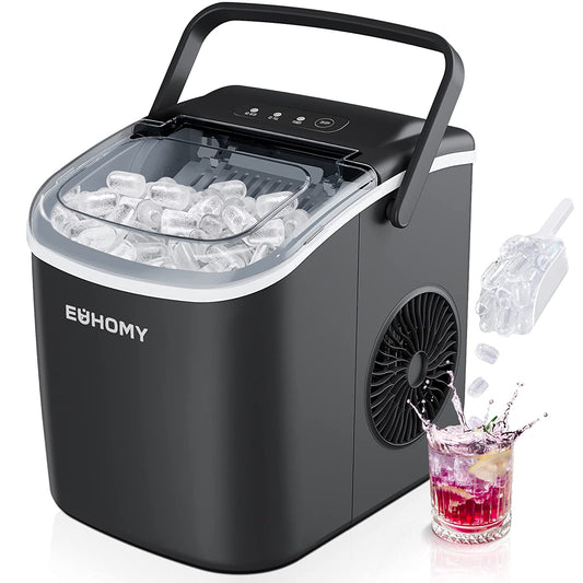 Portable Countertop Ice Maker Machine - 26lbs in 24 Hours, 9 Ice Cubes Ready in 6 Minutes, with Handle, Auto-Cleaning, Includes Basket and Scoop - Ideal for Home, Kitchen, Camping, RV - Black