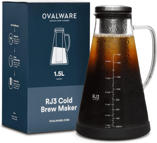 Premium 1.5L/ 51Oz Airtight Cold Brew Coffee and Tea Maker with Spout - Brewing Glass Carafe featuring Removable Stainless Steel Filter