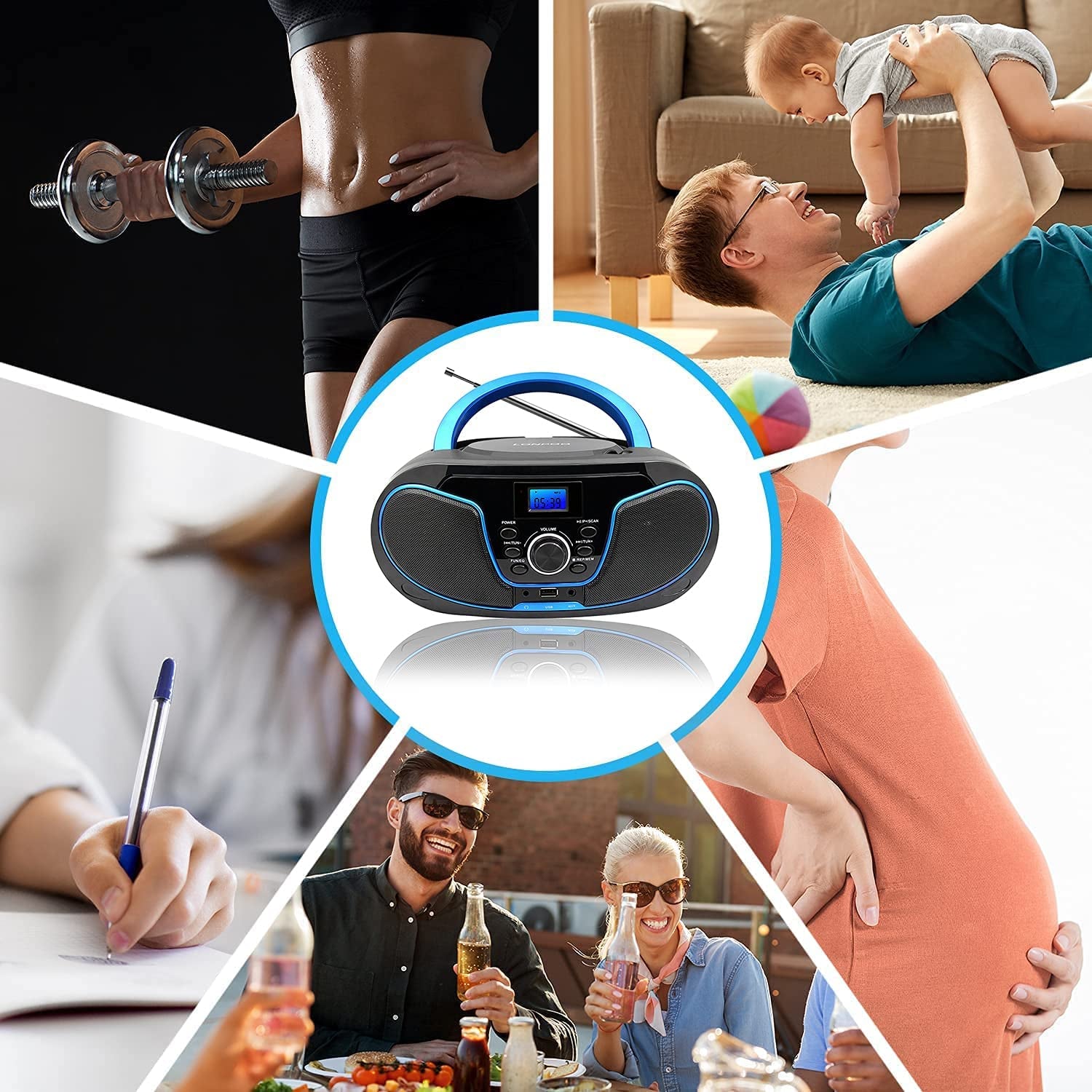 Portable CD Player Boombox, Bluetooth FM Radio Stereo Sound System, Crystal-Clear Sound, MP3 Playback, USB/AUX Input, Headphone Jack, LCD Display