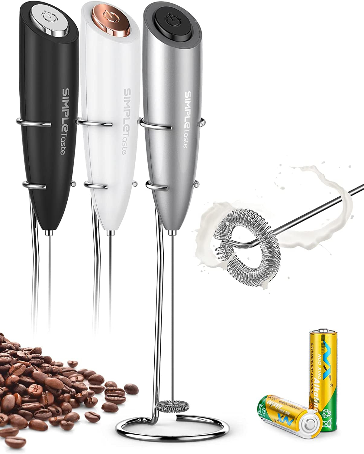 Handheld Battery Operated Electric Milk Frother with Stainless Steel Whisk and Stand - Ideal for Cappuccino, Bulletproof Coffee, and Latte