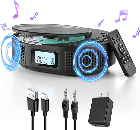 Portable CD Player with Bluetooth Speaker and Remote Control, Rechargeable Boombox for Car/Home, FM Radio, AUX/USB Support, Headphone Jack