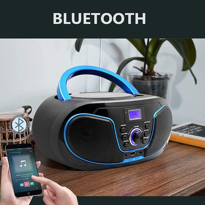  Portable Bluetooth CD Boombox with FM Radio, USB Playback, Aux Input, Earphone Output, and Digital Tuner