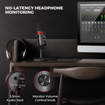 Professional USB Condenser Microphone for Gaming, Streaming, and Studio Recording - Compatible with Pc, Laptop, Phone, Ps4/5 - USB Type C Plug and Play – Headphone Output, Volume Control, LED Mute Button